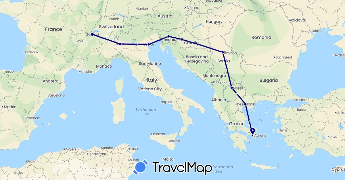 TravelMap itinerary: driving in Switzerland, Greece, Croatia, Italy, Macedonia, Serbia, Slovenia (Europe)
